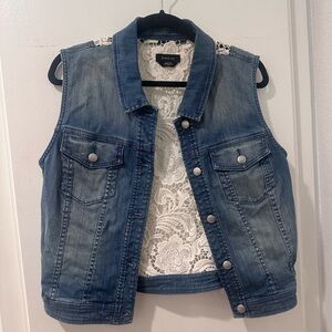 Bebe Blue Denim Vest with White Lace Detail